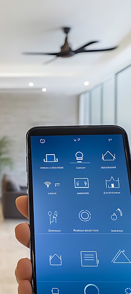 Main tenant un smartphone avec une application de maison connectée. L'écran bleu affiche des icônes pour contrôler lumières, ventilateur et domotique.