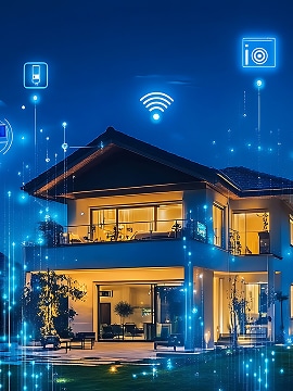 Maison intelligente moderne illuminée la nuit, avec des icônes Wi-Fi, caméra et prise connectée symbolisant un écosystème domotique.